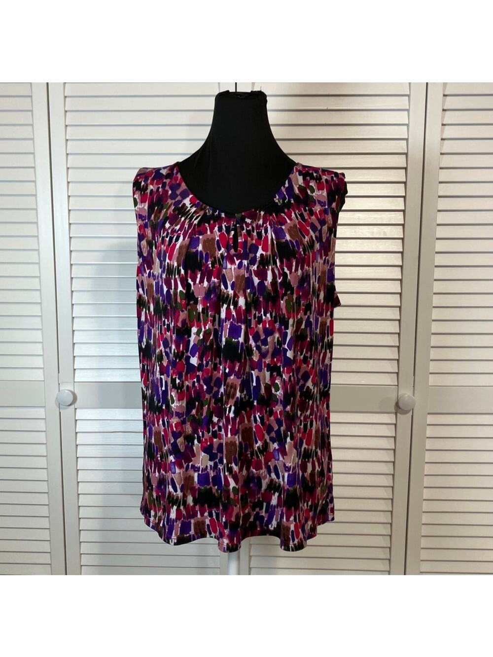 Kasper Chic Retro Multi Printed Pleated Neck Sleeveless Knit Blouse XL